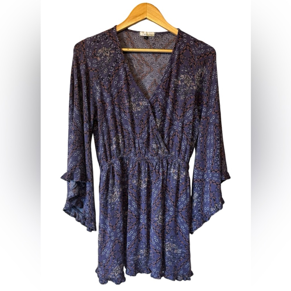 Wild moss Purple Floral Mini Trumpet Long Sleeve Dress | Women’s L